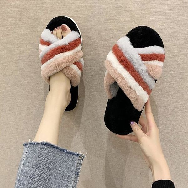 

women's cross soft plush fleece house indoor outdoor slipper for women cozy slip on flip flops rubber sole fur slippers y201026, Black