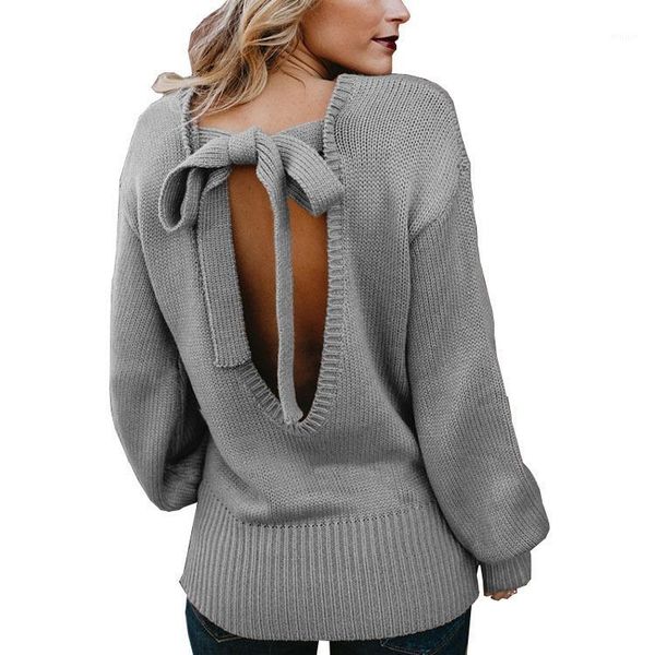 

2019 new autumn women loose backless bow belt knit sweaters lady solid casual pullovers shirts knit lantern sleeve sweater1, White;black