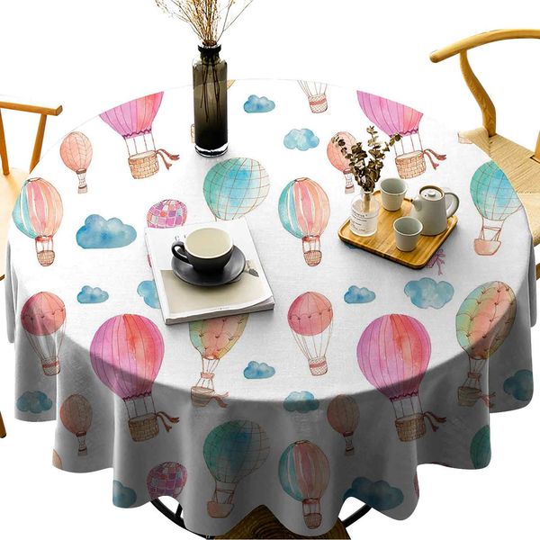 

round tablecloth for kitchen dining tablehand painted style set of cute floating air balloons with blue clouds