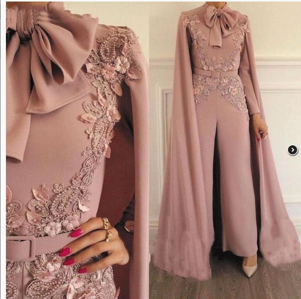 

elegant arabic kaftan formal evening dresses jumpsuits with wrap cape long sleeves appliques lace flowers beading pearls muslim prom dress, Black;red