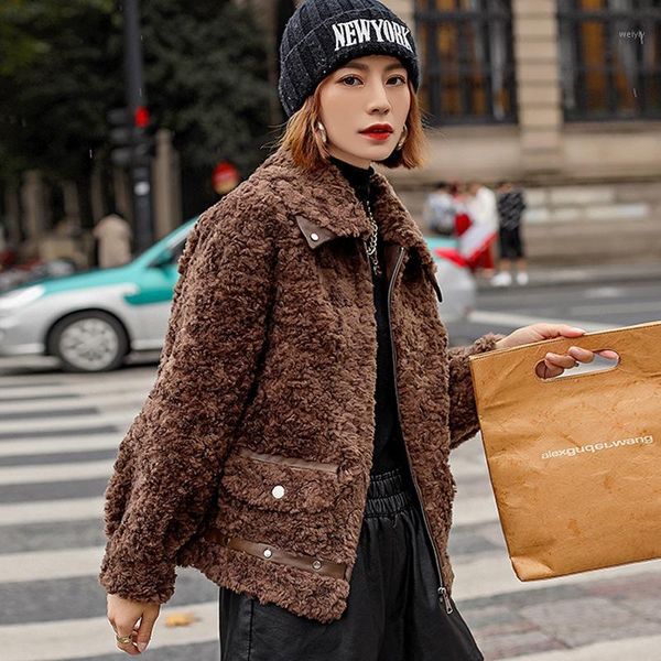 

2021 winter new fur one-piece lamb hair short fur coat female korean version loose grain sheep shearing coat1, Black;brown