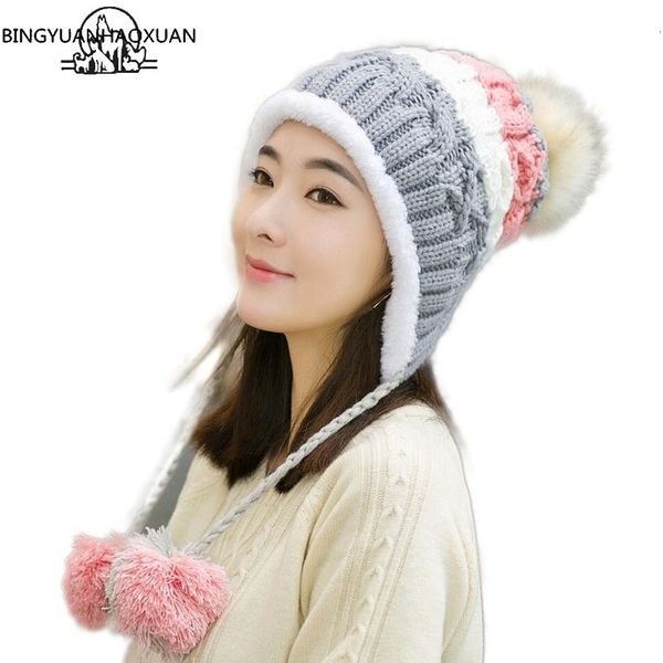 

bingyuanhaoxuan stitching knitted hat for women mixed ball hanging ball winter caps for girls thick cotton hats autumn hat y201024, Blue;gray