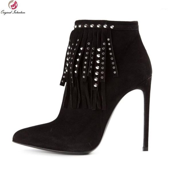 

boots original intention stylish women ankle fashion pointed toe thin heels high-quality black shoes woman plus us size 4-151