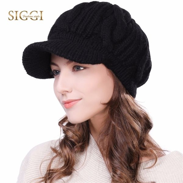 

fancet women knitted newsboy cap beanie winter hat 100% merino wool autumn for girl visor thick cabbie duckbill caps 10120 y200102, Blue;gray