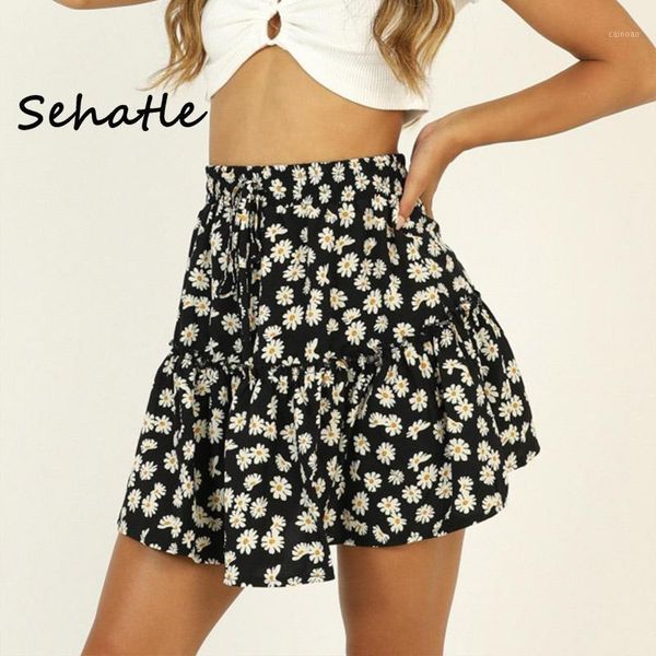 

sehatle 2020 summer new women mini above knee skirts bohemian casual clothes floral pleated cotton skirt polyester clothing1, Black