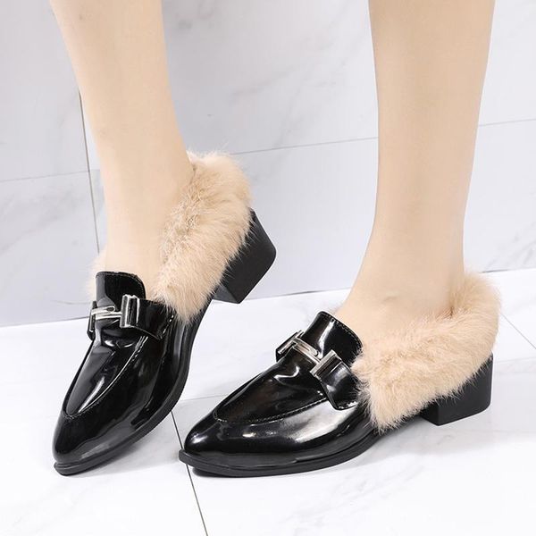 

shallow mouth pointed toe shoes woman 2020 loafers fur oxfords casual female sneakers british style autumn flats new on heels, Black