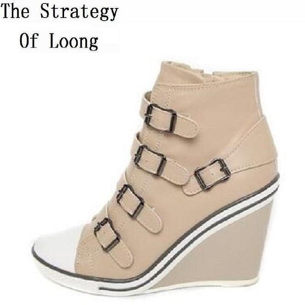 

boots 2021 arrival buckle wegdes heels women ankle boot lady high spring autumn winter short motorcycle shoes 20210211, Black
