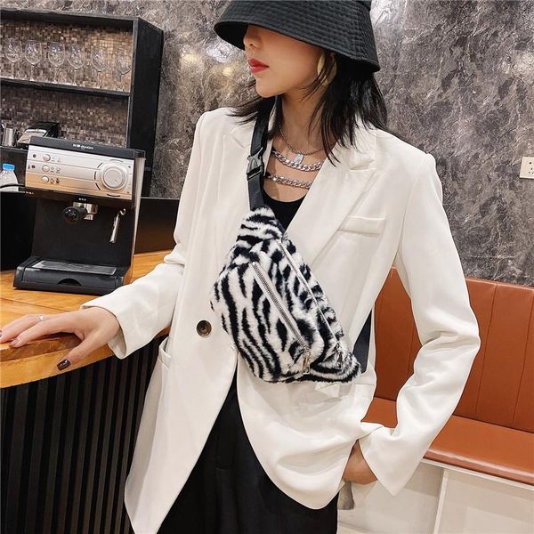 

winter velvet women's fanny pack fashion zebra pattern chest bag retro plush waist pack female designer crossbody bag purse