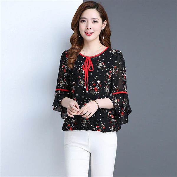

summer chiffon blouses women shirt fashion flare sleeve shirts print blouse blusas plus size women clothing df2393, White
