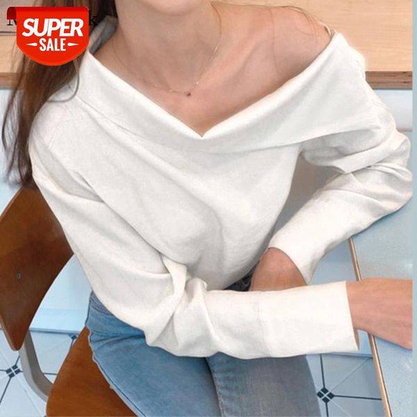 

fashion white blouse women 2021 skew collar pullover women's casual office lady solid long sleeve shirt women 11242 #ii8z