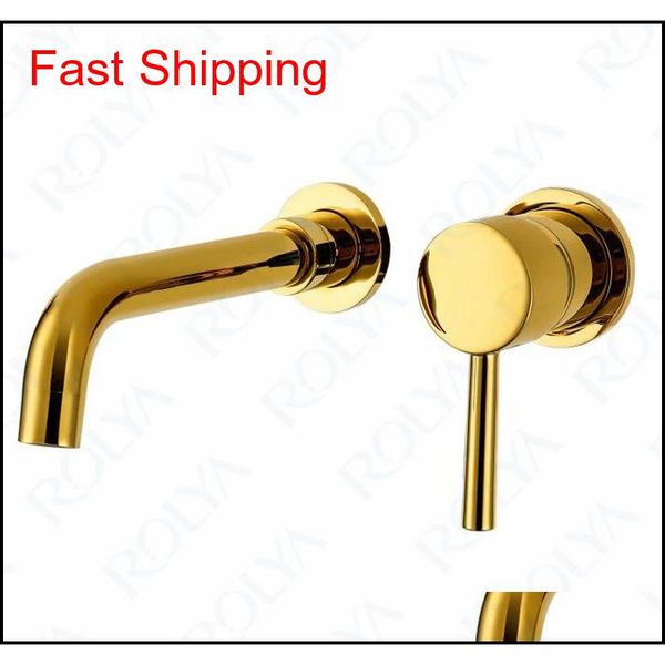 

rolya golden bathroom faucet wall mounted single side lever mixer taps gold basin set solid brass construction s20ny