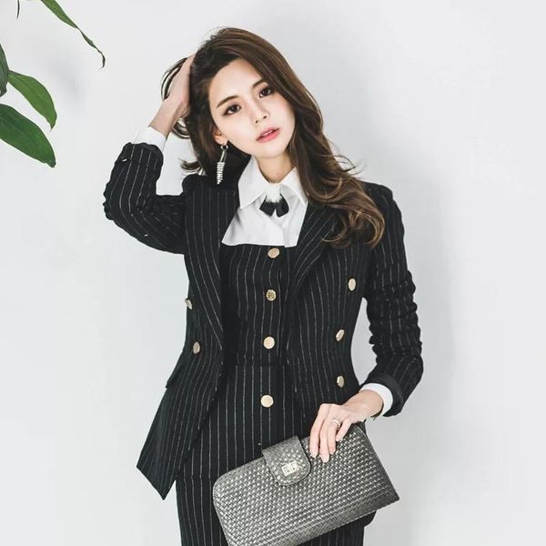 

new fashion autumn women's professional temperament double-breasted fashion pinstripe slim comfortable small suit jacket1, White;black