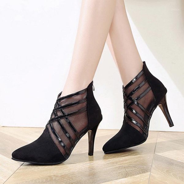 

boots spring women ankle mesh zip ladies plaid pointed toe breathable thin high heel fashion party footwear luxury designers1, Black