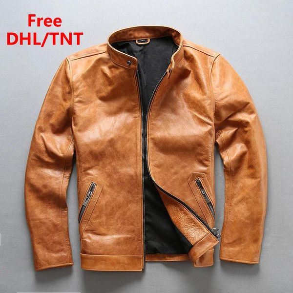 

men's leather & faux brown cowhide jacket genuine coat motorcycle rider vintage classic jackets male dhl/tnt, Black