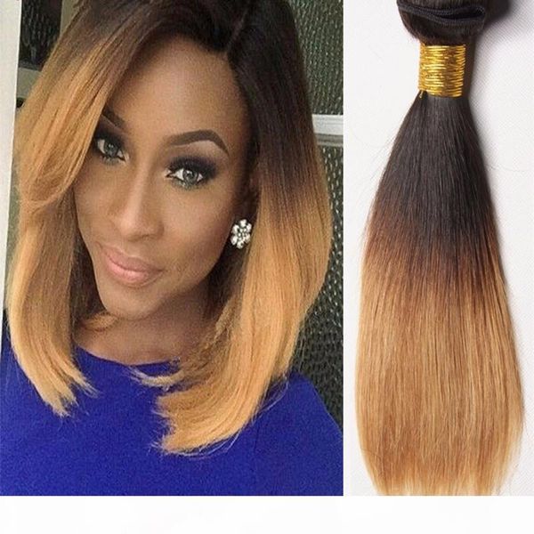 

brown blonde human hair weaves 1b 4 27 malaysian peruvian brazilain straight wavy virgin three tone ombre hair wefts extension for sale, Black;brown