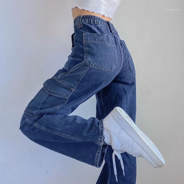 

women's jeans patchwork big pockets baggy women vintage streetwear high waist y2k 90s wide leg cargo pants harajuku korean denim jeans1, Blue