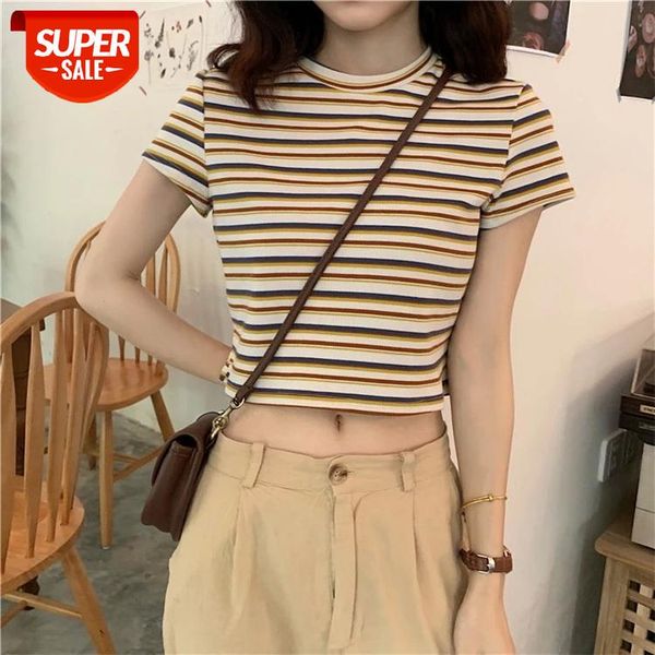 

summer graphic tees korean o-neck fashion striped harajuku short sleeve casual crop ulzzang female slim women #xh6o, White
