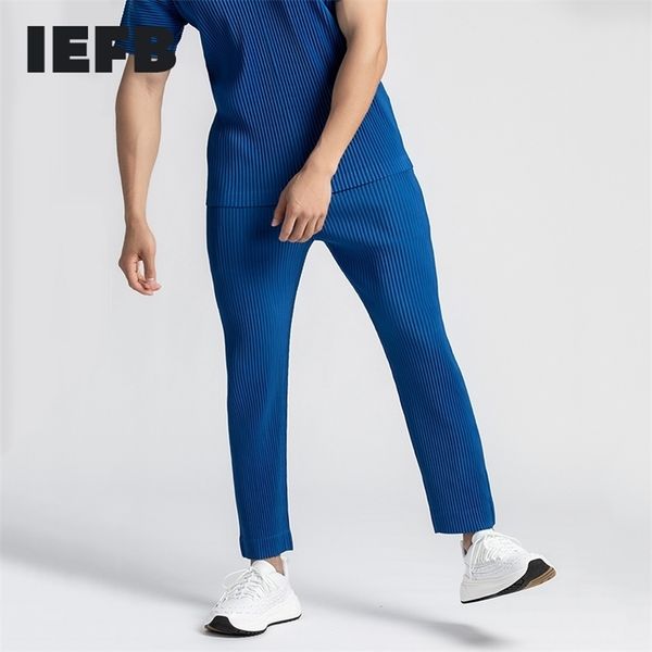 

iefb /men's wear japanese stretch fold fabric thin style loose wide leg pants straight pleated casual pants for male y3059 jf150 201113, Black