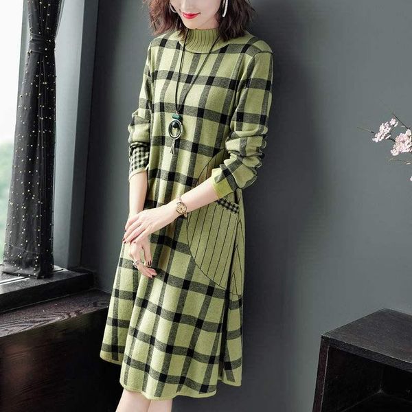 

knitted sweaters pullover women 2020 autumn winter bottoming shirt half high collar plaid knitted sweater dress external wear, White;black