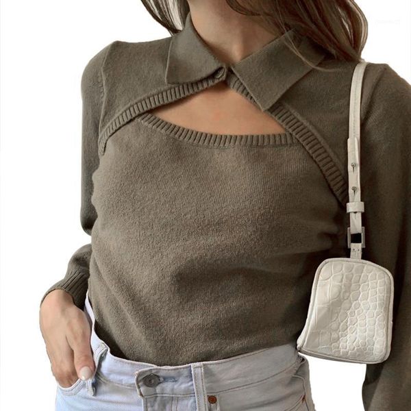 

women\u2020s casual long-sleeved knitwear autumn solid color hollow out lapel pullover sweater blouse and shirt1, White