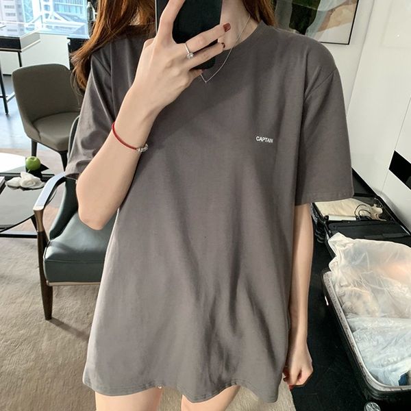 

loose casual t shirt women's round neck short sleeve tee summer letter print pullover simple wild long t-shirt, White