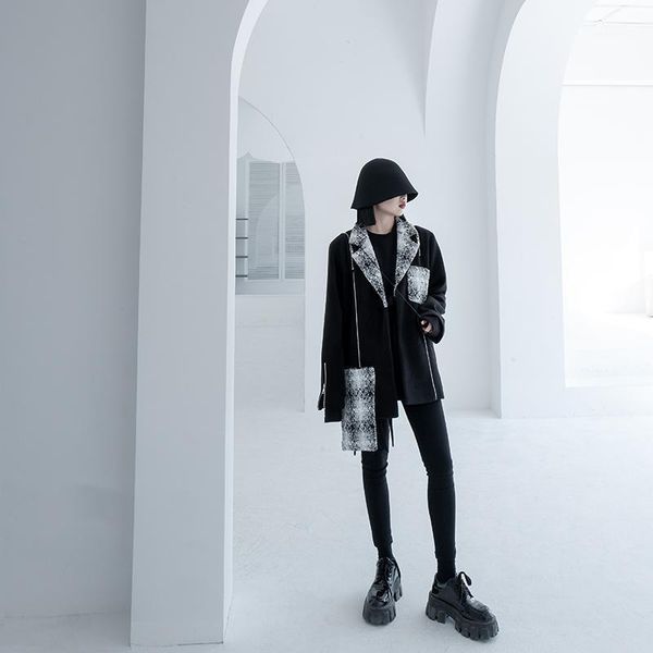 

women's wool & blends high-end design off-shoulder zipper woolen jacket women trendy cool autumn winter contrast reflective short suit, Black