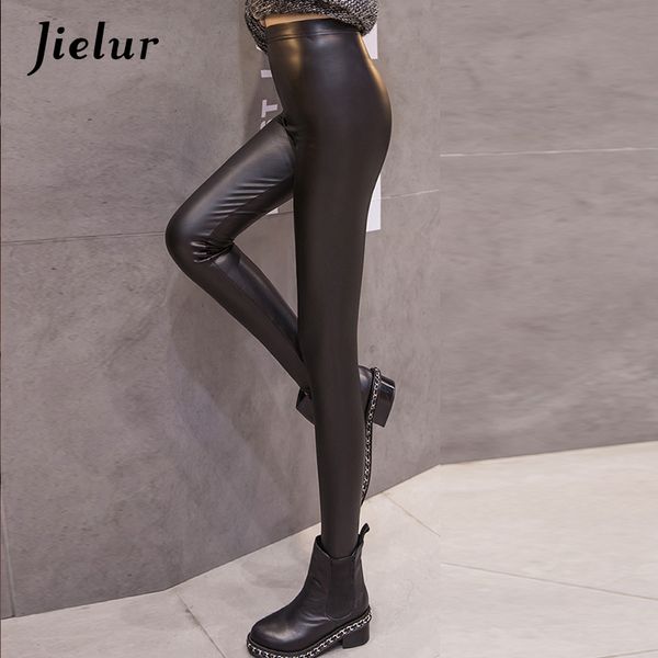 Jielur Autunno Inverno Caldo Fleece Staffa Leggings Donna Chic Nero PU Leggins in pelle Elegante Lady S- Bubble Butt Pantaloni Donna LJ201104