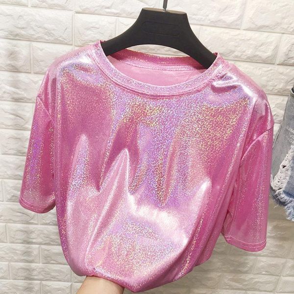 

summer stylish bright silk woman shiny loose short sleeve t-shirt club aesthetic harajuku drop shipping, White
