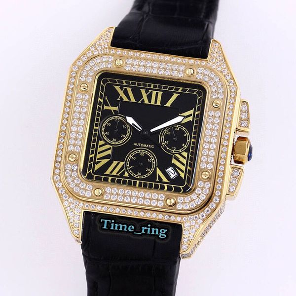 

edition wjsa0012 black date dial rose gold diamond case japan vk quartz chronograph movement mens watch leather strap designer watches, Slivery;brown