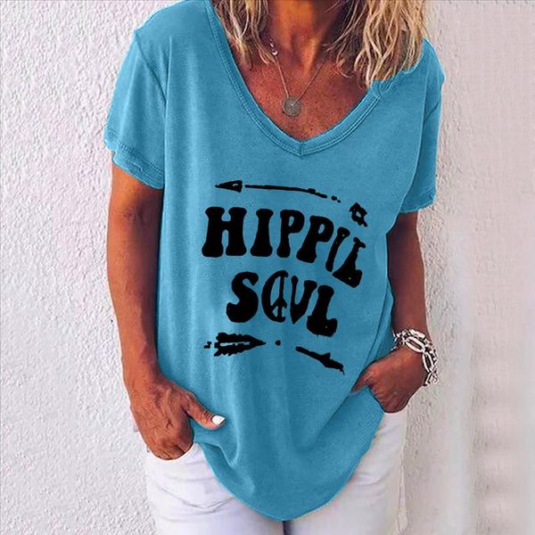 

hippie soul t shirt womens summer casual v neck t shirt ladies short sleeve letter print plus size tee shirt femme, White