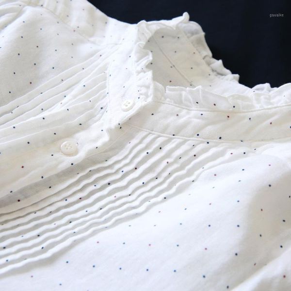 

double-layer cotton yarn dots shirt ruffled collar shirt colored dots shirts1, White