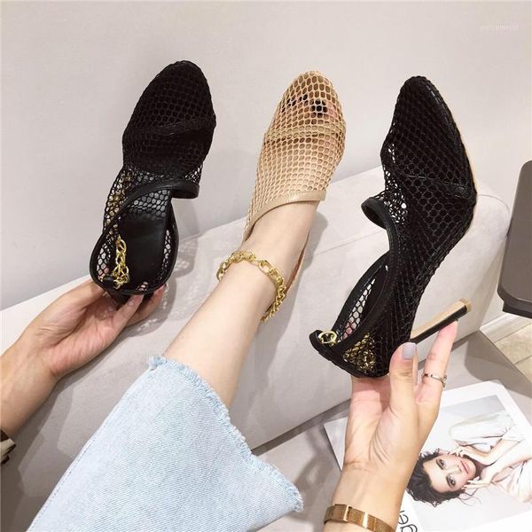 

ladies pumps mesh hight heels fashion ankle strap chain shoes summer office shoes women stiletto heels brand pumps female+shoes1, Black