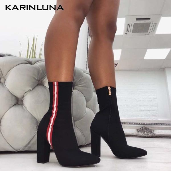 

boots drop gothic fashion shoes women leisure pointed toe mixed color stylish thick high heels flock ankle zip, Black