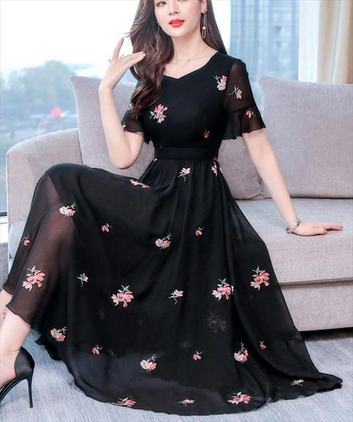 

plus size  3xl 2019 summer new arrival flower embroidery v collar short sleeve woman chiffon long dress, Black;gray