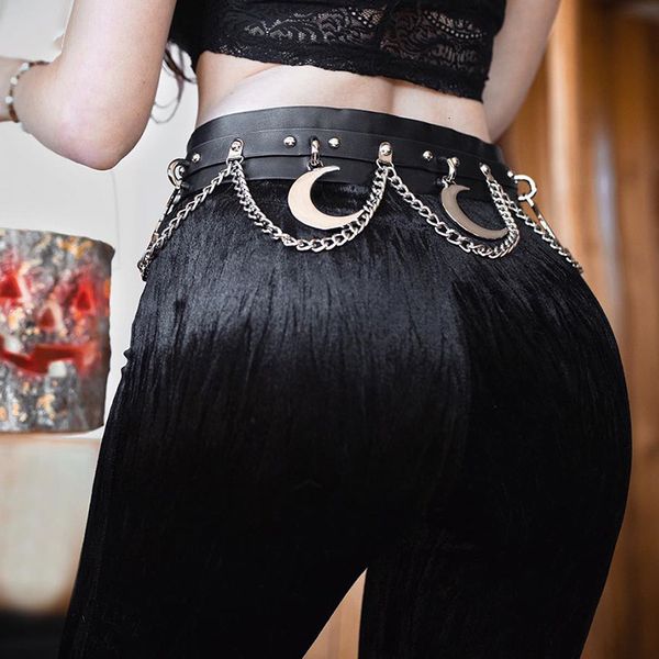 

2020 new punk chain moon hip hop metal belt pu leather belt gothic streetwear dance streetwear individual female, Black;brown