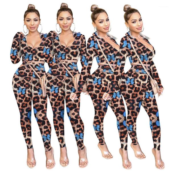

fashion casual tracksuits female clothing leopard butterfly print womens two piece pants long sleeve v neck autumn, Gray