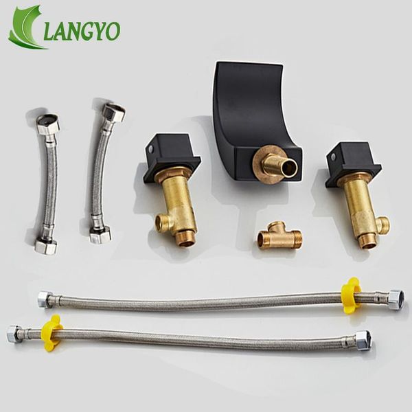 

langyo split type type waterfall faceuce mixer a полная латунная черная мода ванная комната смеситель для ванной комнаты горячая холодная во