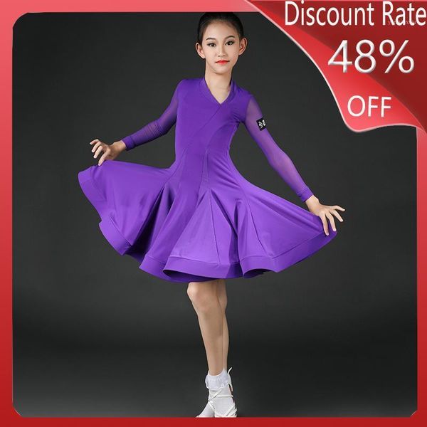 

kids dresses for girls children new oblique v-neck practice dance clothes professional robe danse competition tango dress dqs3861, Black;red