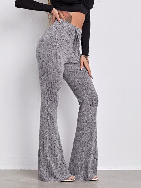 

tie waist rib-knit flare leg pants w9wk#, Black;white