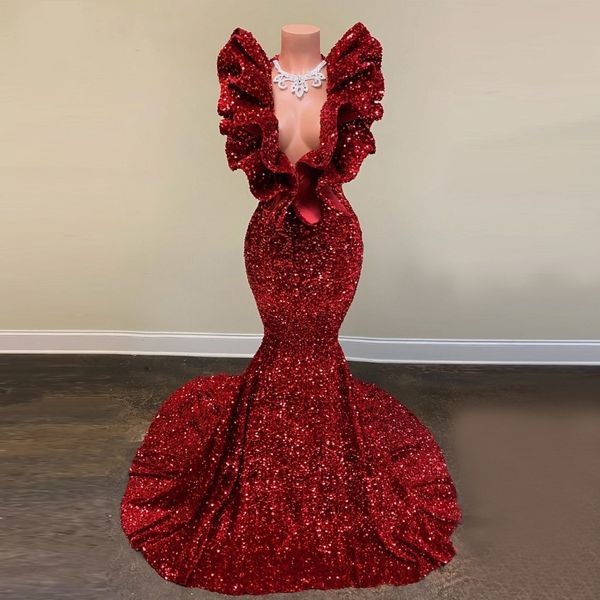 

long sparkly prom dresses 2021 deep v-neck evening gowns mermaid ruffles burgundy sequin african black girls prom dresses party gowns, Black;red