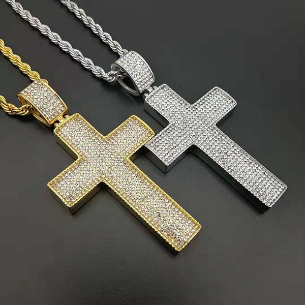 

pendant necklaces hip hop rock full rhinestones bling iced out gold silver color stainless steel cross pendants necklace for men rapper jewe