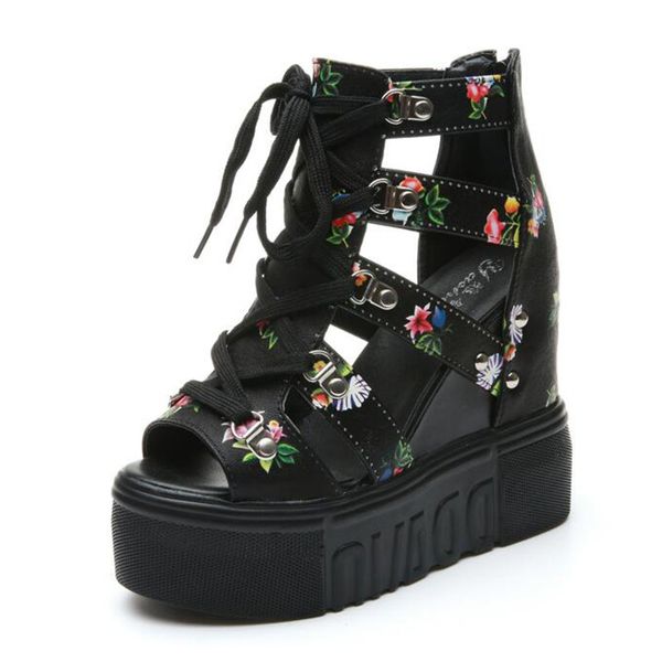 

hee grand flower decoration 2018 women wedge sandals high heel lace-up sandals wearing women vacation shoes, Black