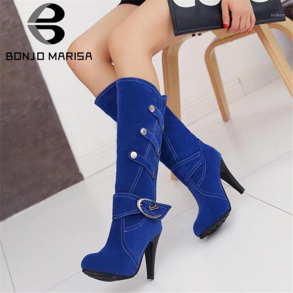 

boots bonjomarisa girl high heels mid calf flock buckle metal women stylish brand sewing autumn shoes woman1, Black