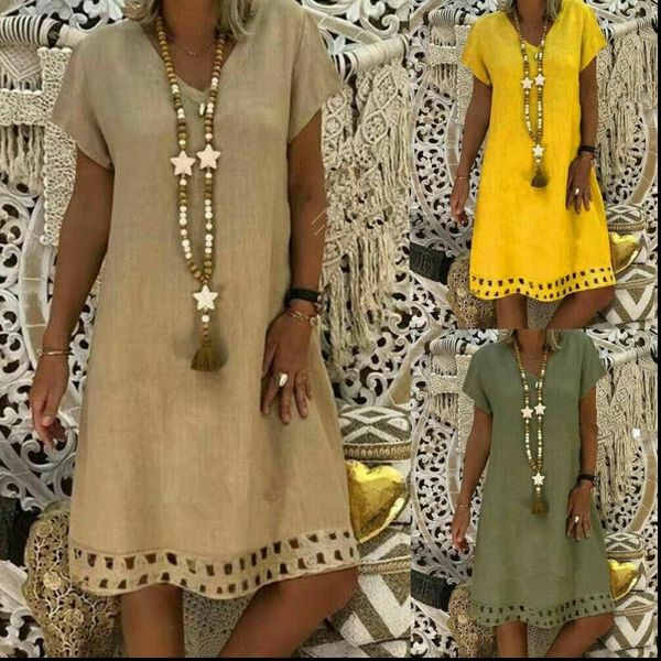 

women boho dress cotton and linen summer short sleeve long t shirt casual dress plus size by, Black;gray