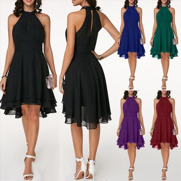 

women plus size sleeveless high waist irregular hem chiffon halter dress drop shipping good quality, Black;gray