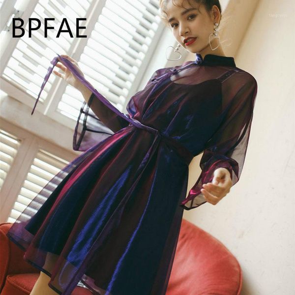 

new harajuku laser chinese style buttons long sleeve see through mesh cheongsam dress purple/green/pink belted sunscreen dresses1, Black;gray