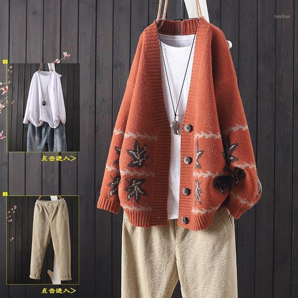 

2020 autumn and winter new retro art loose casual embroidery v-neck long-sleeved cardigan women's wild knitted jacket thickening1, White