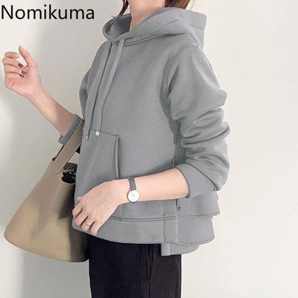 

nomikuma hooded hoodies ruffle long sleeve sweatshirt women solid color casual loose autumn vintage fashion clothes 3d3981, Black