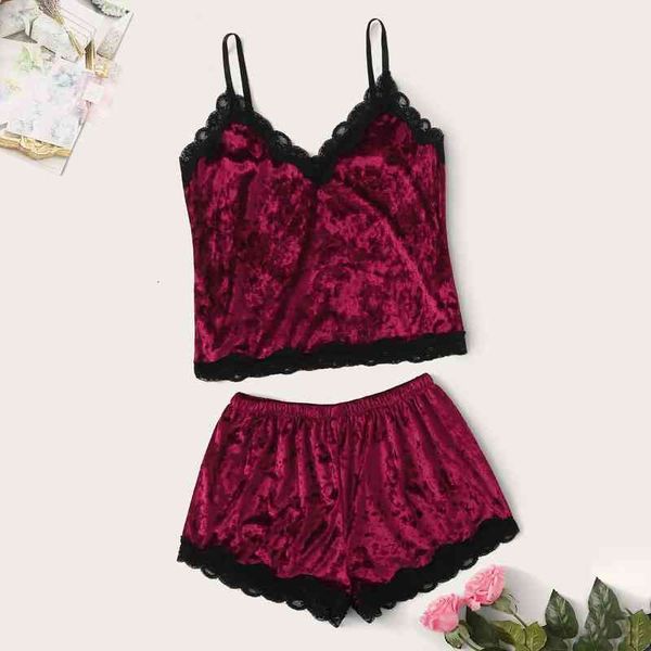 

velvet brown pajamas set lace cami shorts women nightwear autumn spring winter home suit ladies sleepwear nightgown, Black;red