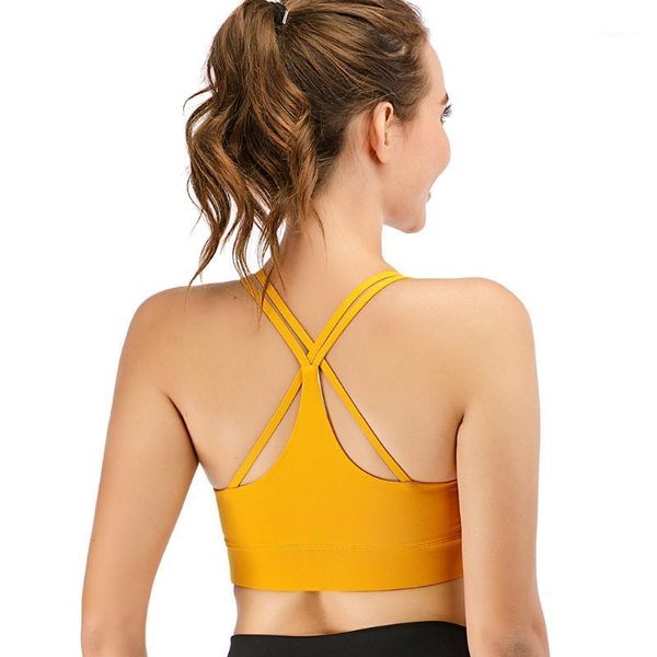 

gym clothing hollow out padded sports bra cross back high impact women push up yoga fitness breathable workout woman sport sheath1, White;black